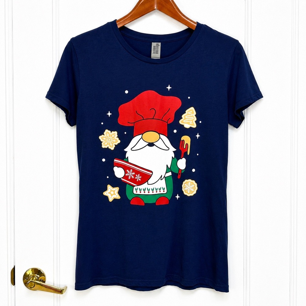 Instant Message Christmas Gnome Chef Baking T-Shirt Navy Blue Cotton Medium